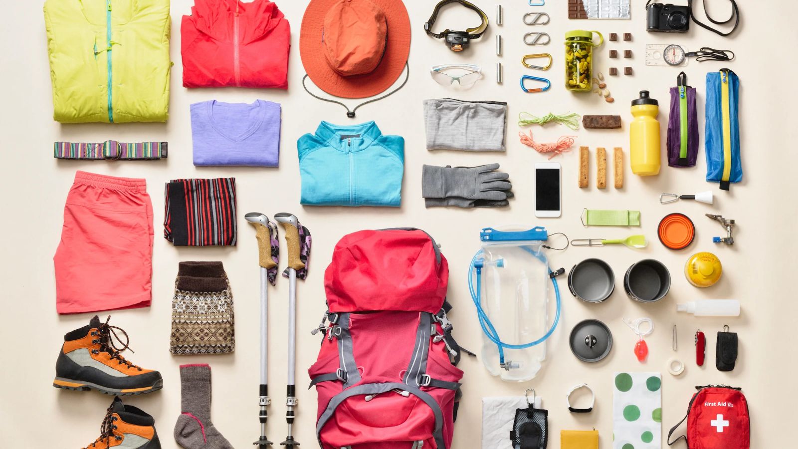 clothes, items necessary for hiking with a backpack