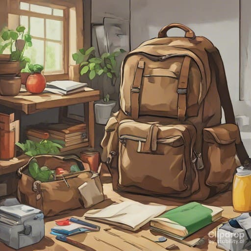 рюкзак на столе и много вещей вокруг, которые дают понять как сложить рюкзак для путешествия